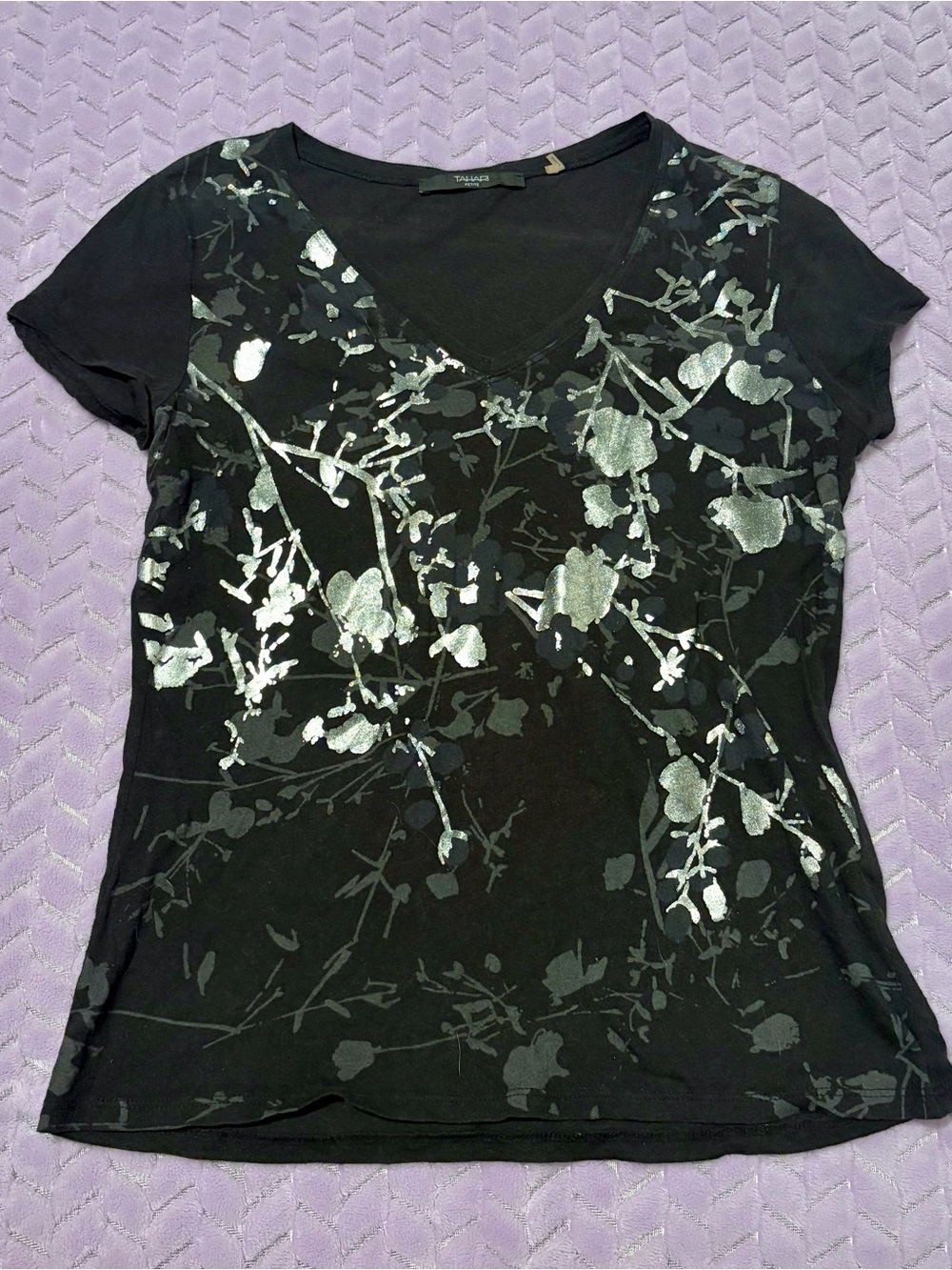 Tahari Black V-Neck Short Sleeve Top with Silver Floral Foil